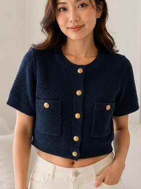 Love, Bonito Navy Blue Cropped Knit Cardigan – Size L